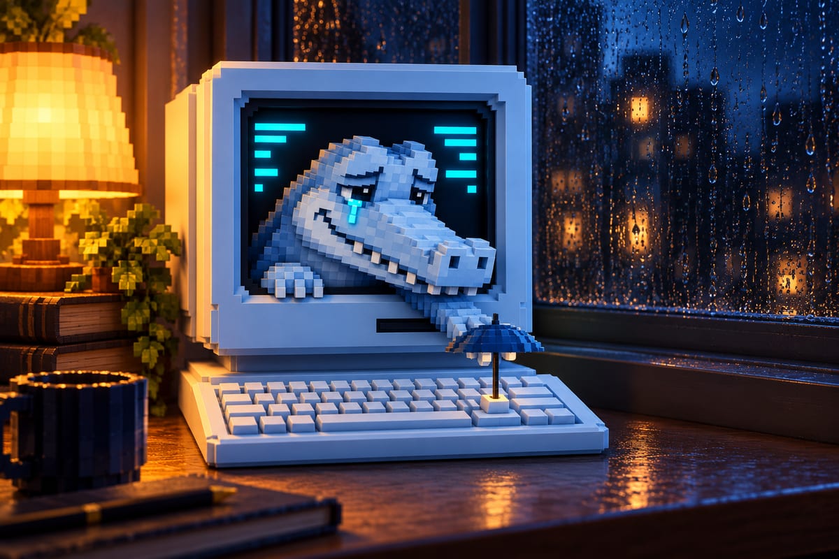 Stonkodile Tears peers past cyan text bars inside a pale-blue computer screen, his long square snout showing a few blocky teeth beneath small dark eyes and a single cyan tear.