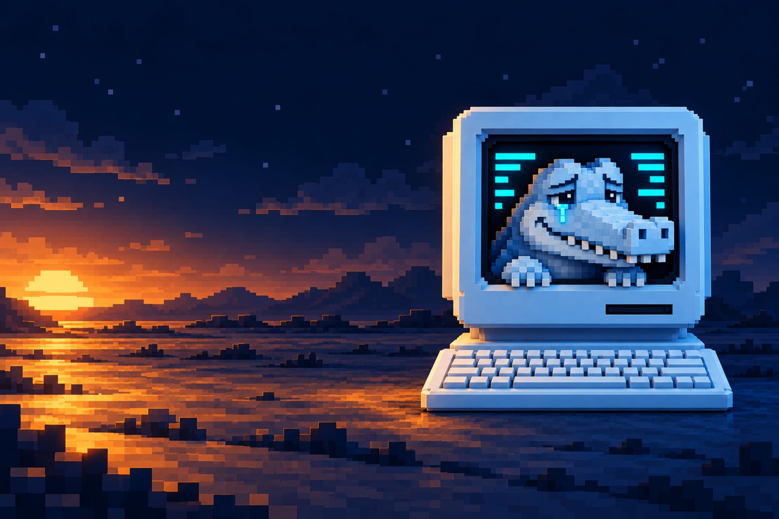 Pale-blue pixel crocodile Stonkodile Tears peeks from a retro computer screen with one cyan tear and a sly, sorrowful smile. Cyan text bars sit beside his head, with a black slot and matching keyboard below against a near-black navy background.